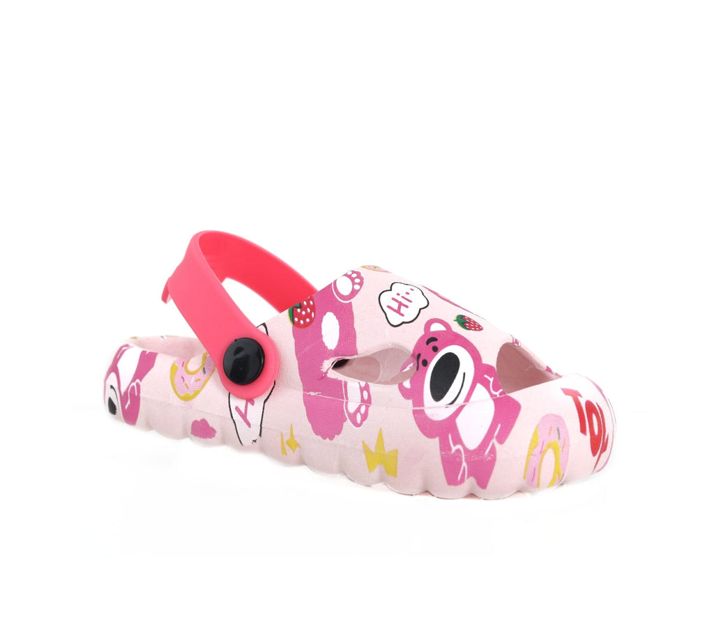 Side view of pink bear and strawberry printed children's sandals against a white background.