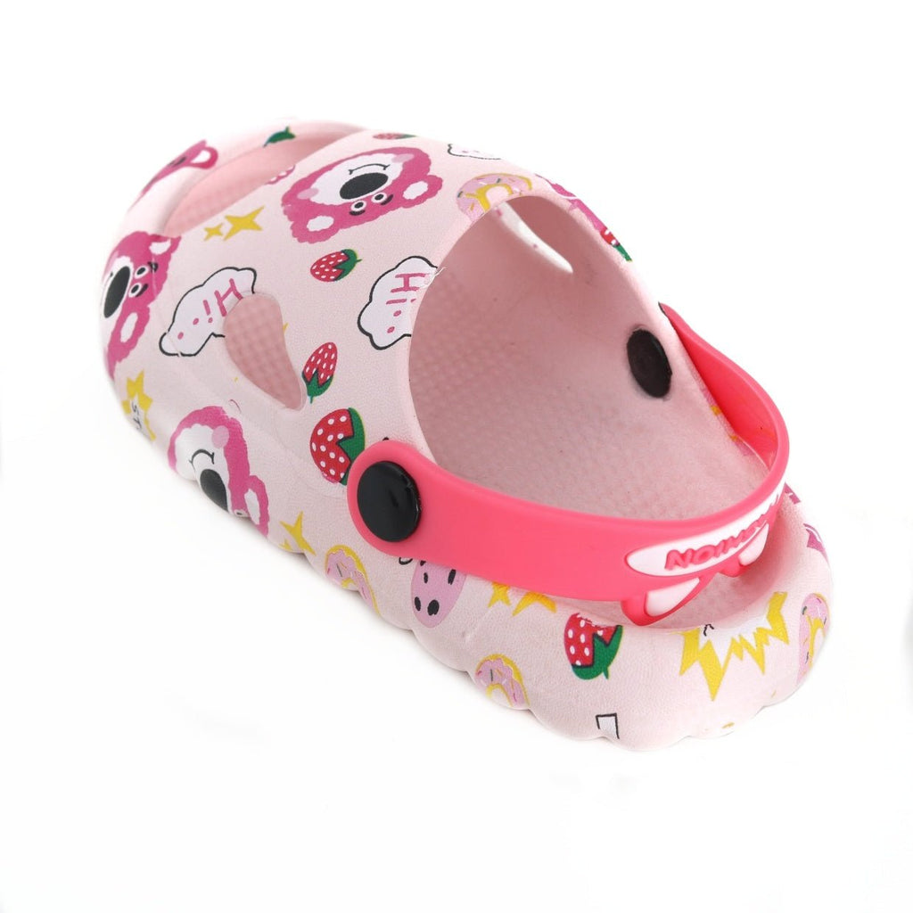 other Side view of pink bear and strawberry printed children's sandals against a white background.