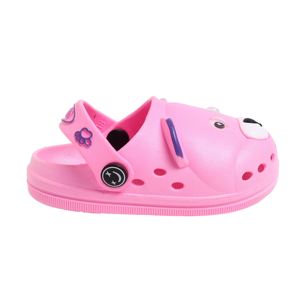 Side view of pink children's clogs with bear face, showing the soft insole and ventilation holes.