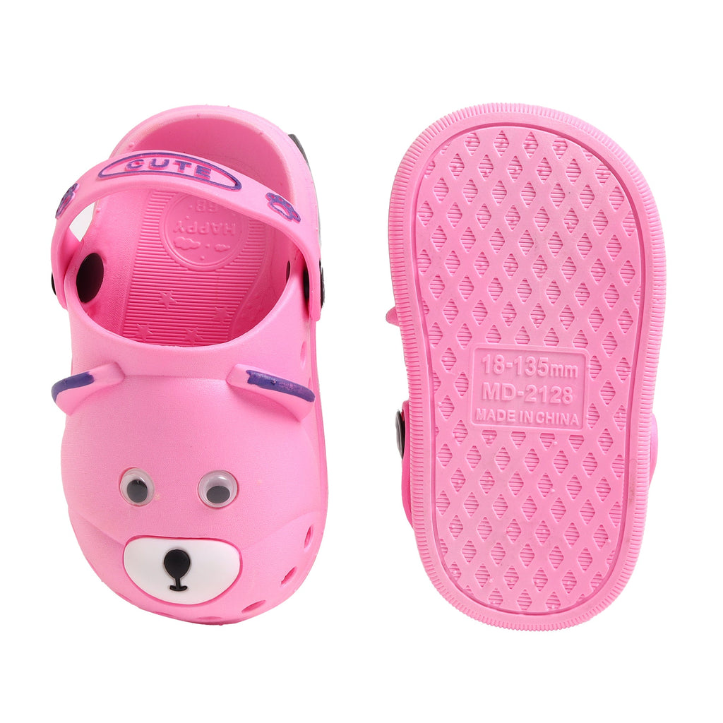 Side view of pink children's clogs with bear face, showing the soft insole and ventilation holes.-back