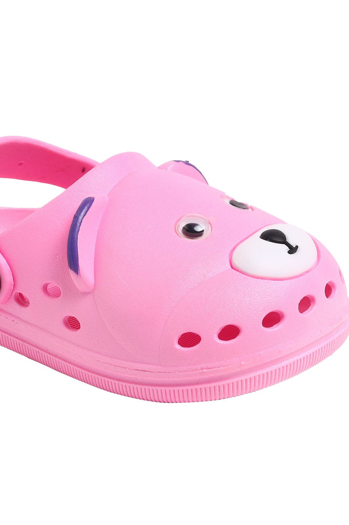 Side view of pink children's clogs with bear face, showing the soft insole and ventilation holes.-zoom