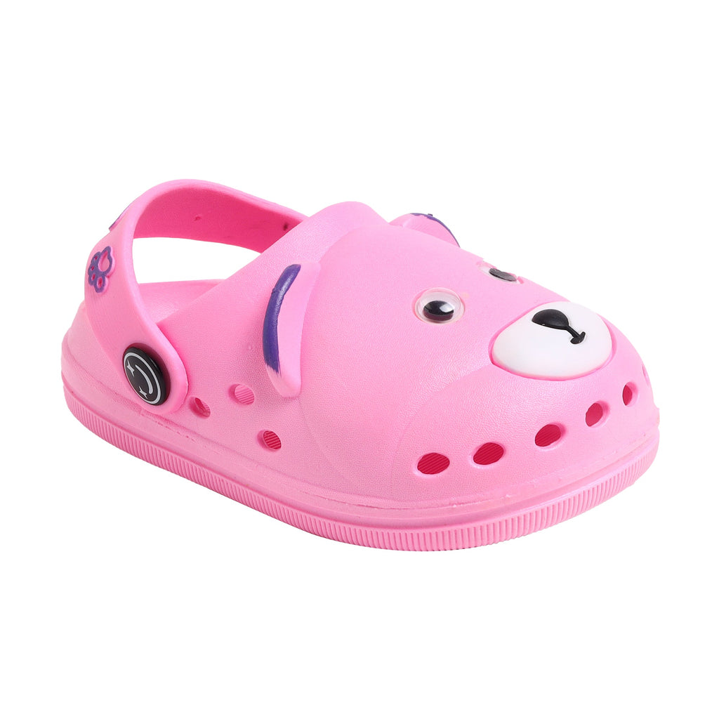 Pink clogs for kids with a cute bear design and 'CUTE' strap detail.-a