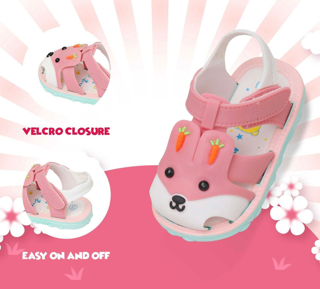 Close-up of Pink Bunny Applique Sandal with easy Velcro closure