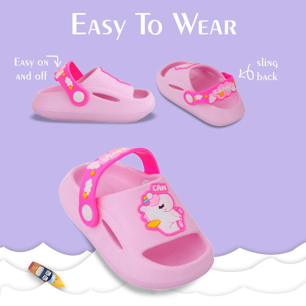 Easy-to-wear pink unicorn sandals with convenient heel strap for toddlers