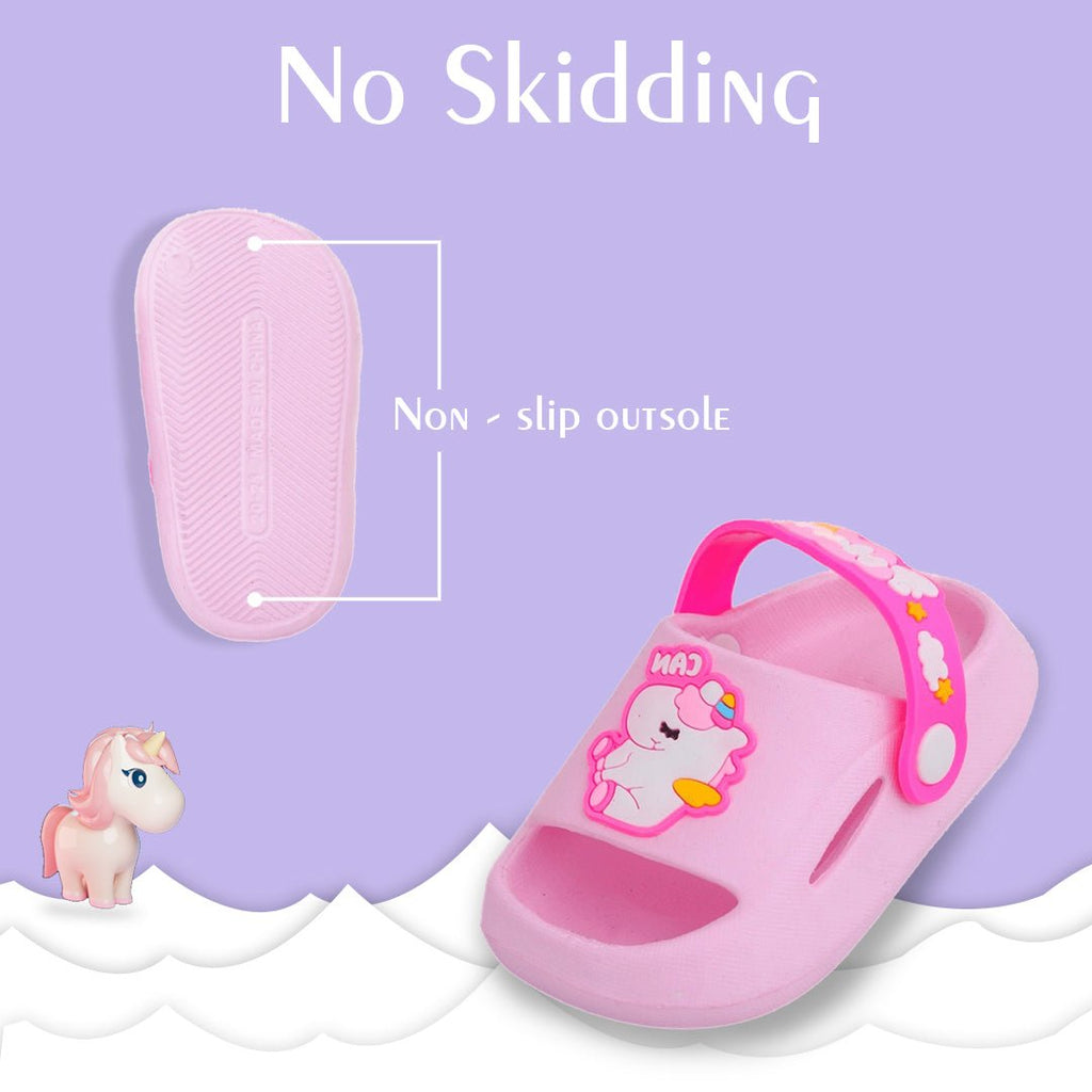 Durable non-slip outsole on pink unicorn toddler sandals for safe playtimes