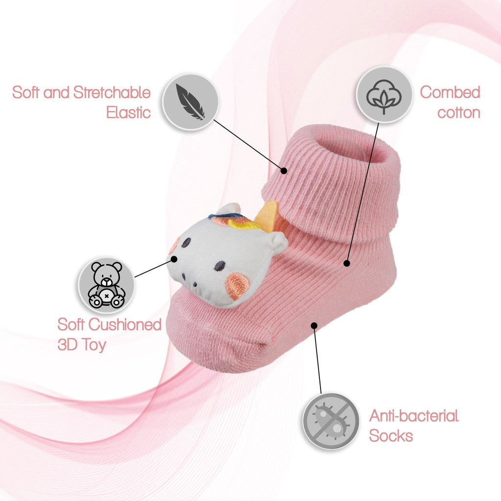 Detailed features of pink unicorn baby girl socks with soft cushion and antibacterial fabric