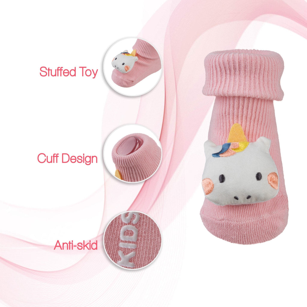 Detailed features of pink unicorn baby girl socks with soft cushion and antibacterial fabric