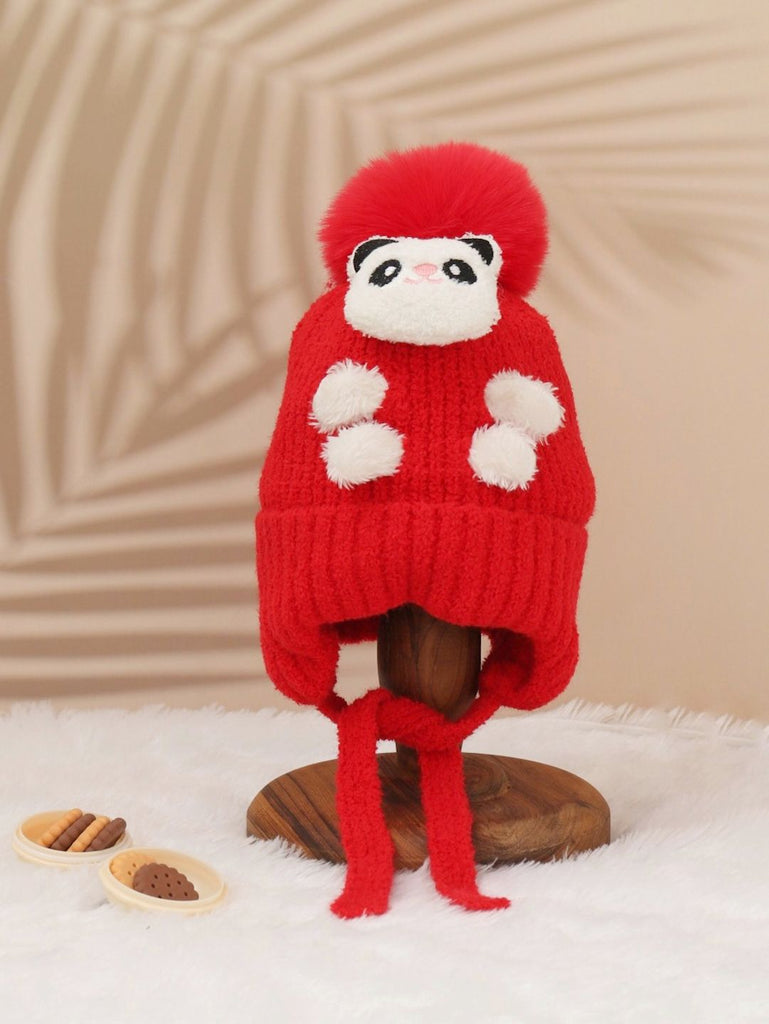 Child's Plush Panda Winter Hat in Vibrant Red with Pom-Pom
