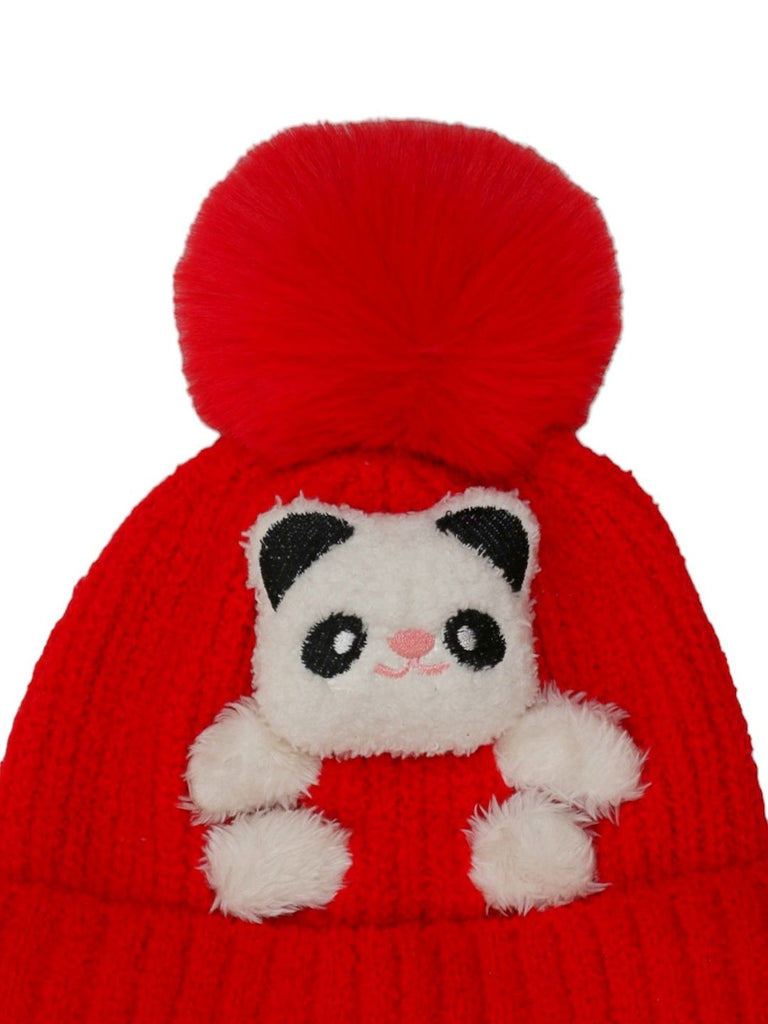Close-Up of Child's Winter Hat Featuring Panda Face and Soft Red Fabric