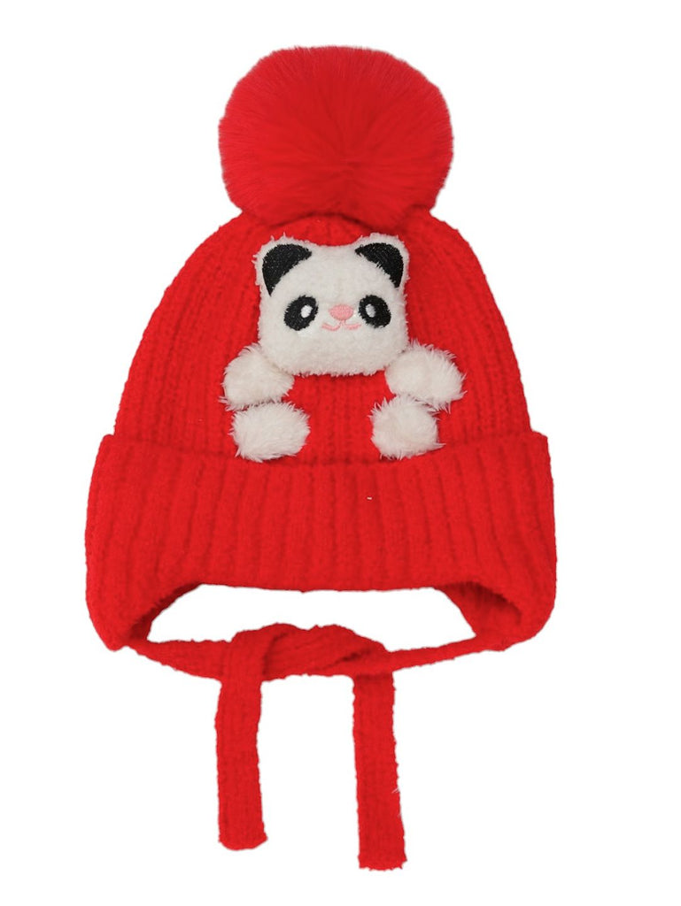 Front View of Plush Panda Face Winter Hat in Red for Kids