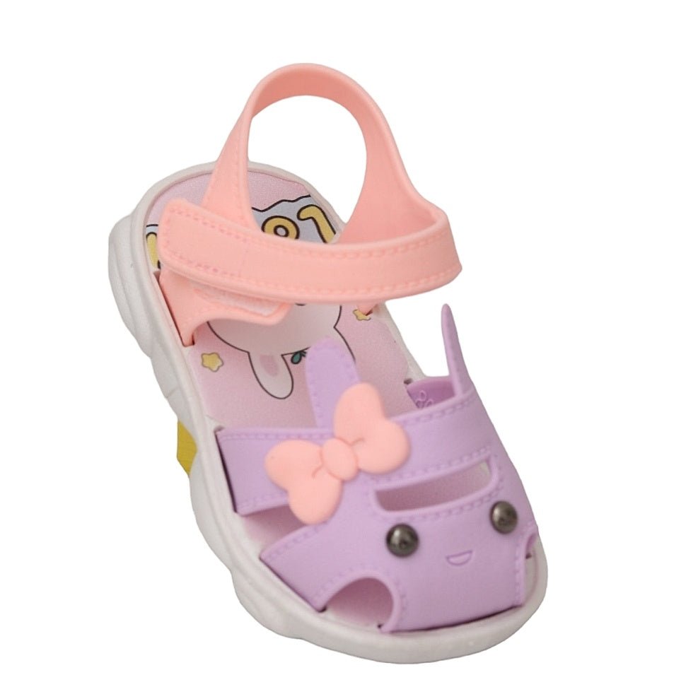 Close-up of the purple bunny applique sandal for toddlers with a cute bow accent.