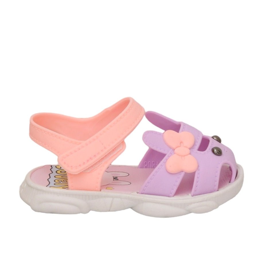 Top view of a purple bunny applique sandal for kids, emphasizing the fun character details.