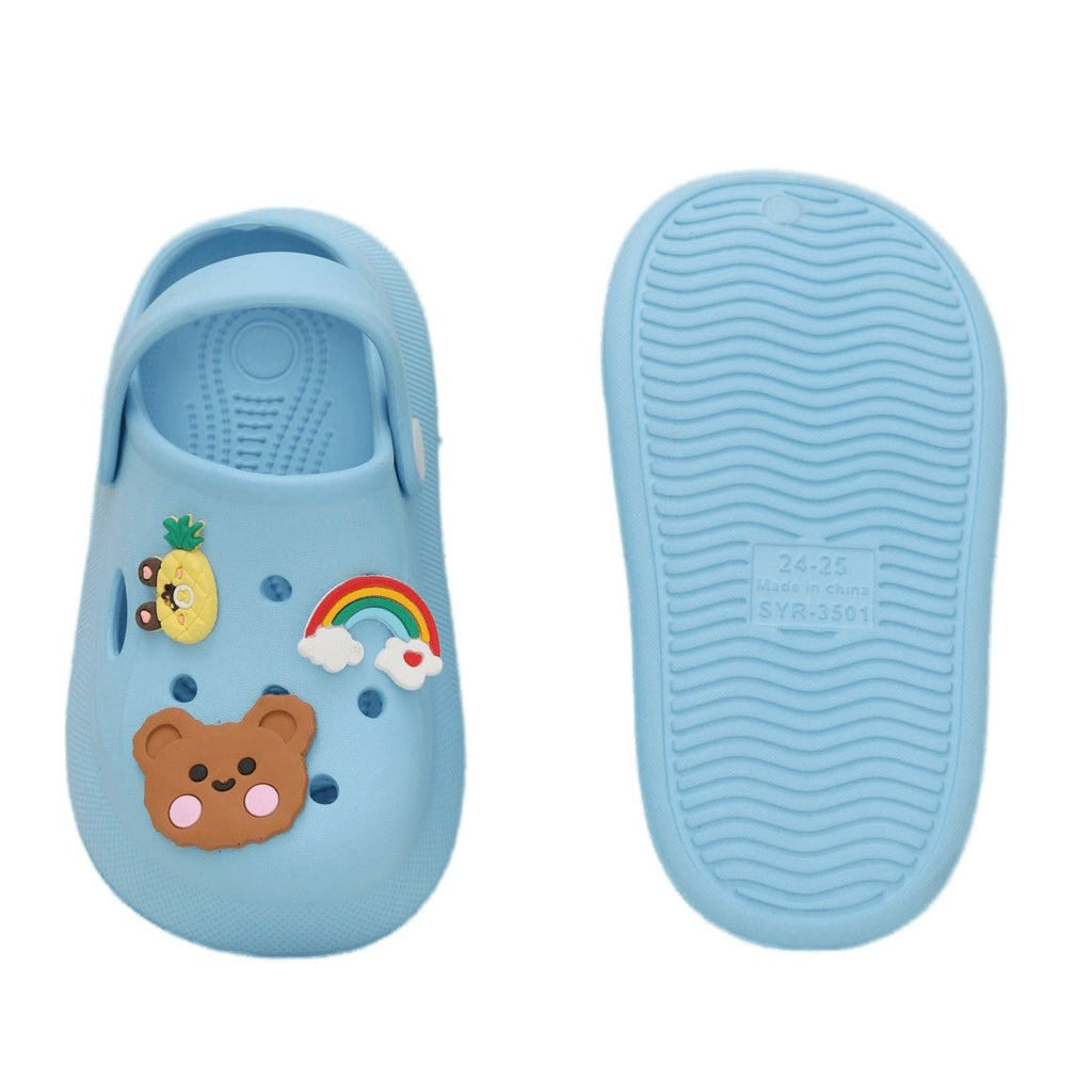 Top and bottom view of blue clogs with non-slip sole and charming animal designs.