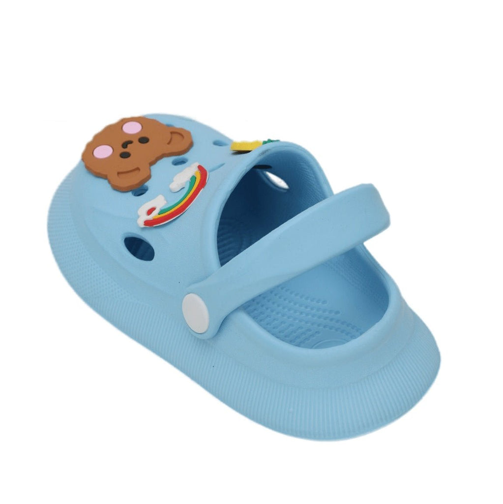 Single blue clog with cute animal decorations, side view