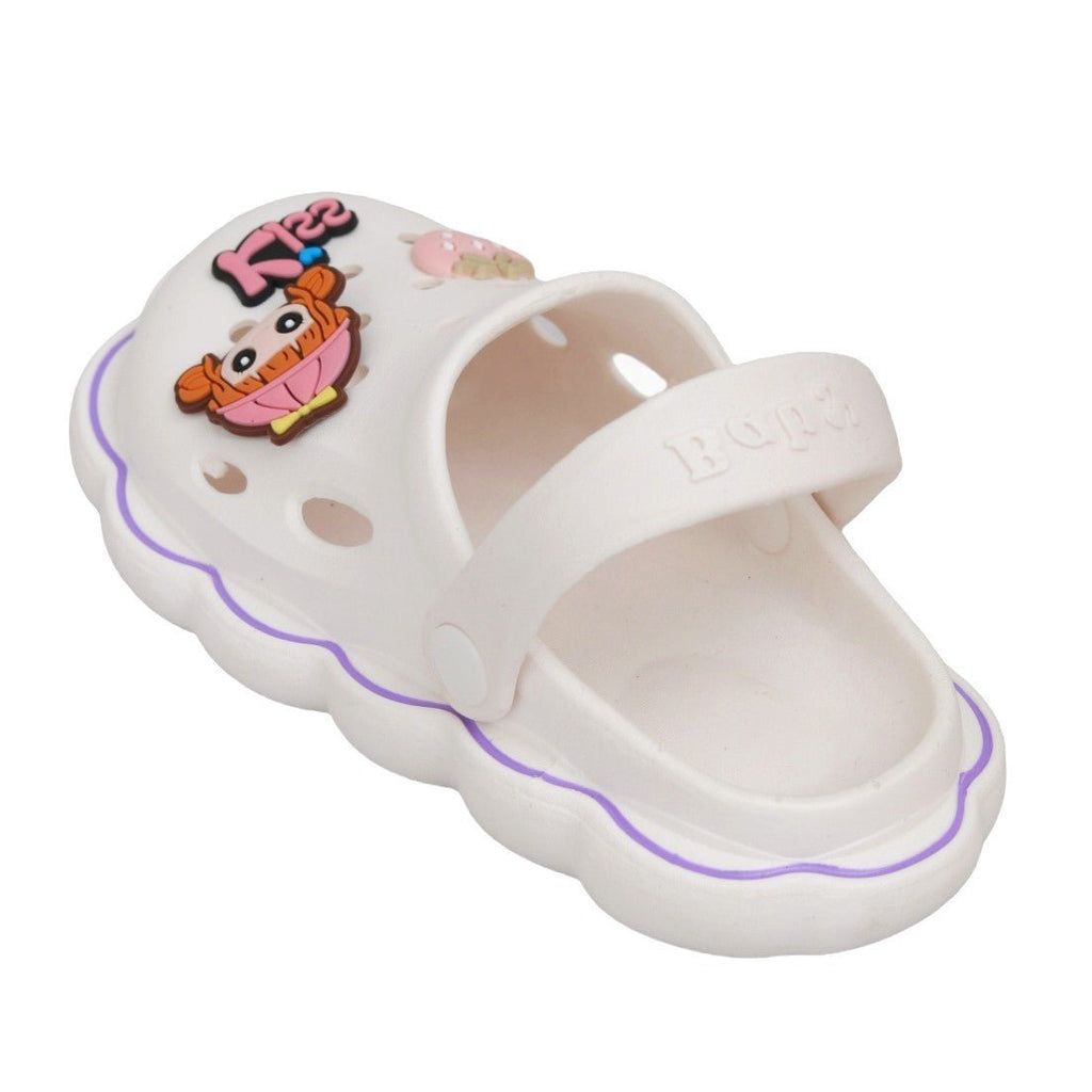 Top view of a pair of Strawberry and Doll Motif Clogs for toddlers