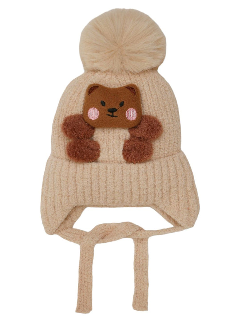 Front View of Boy's Teddy Applique Knit Hat with Pom-Pom and Ties