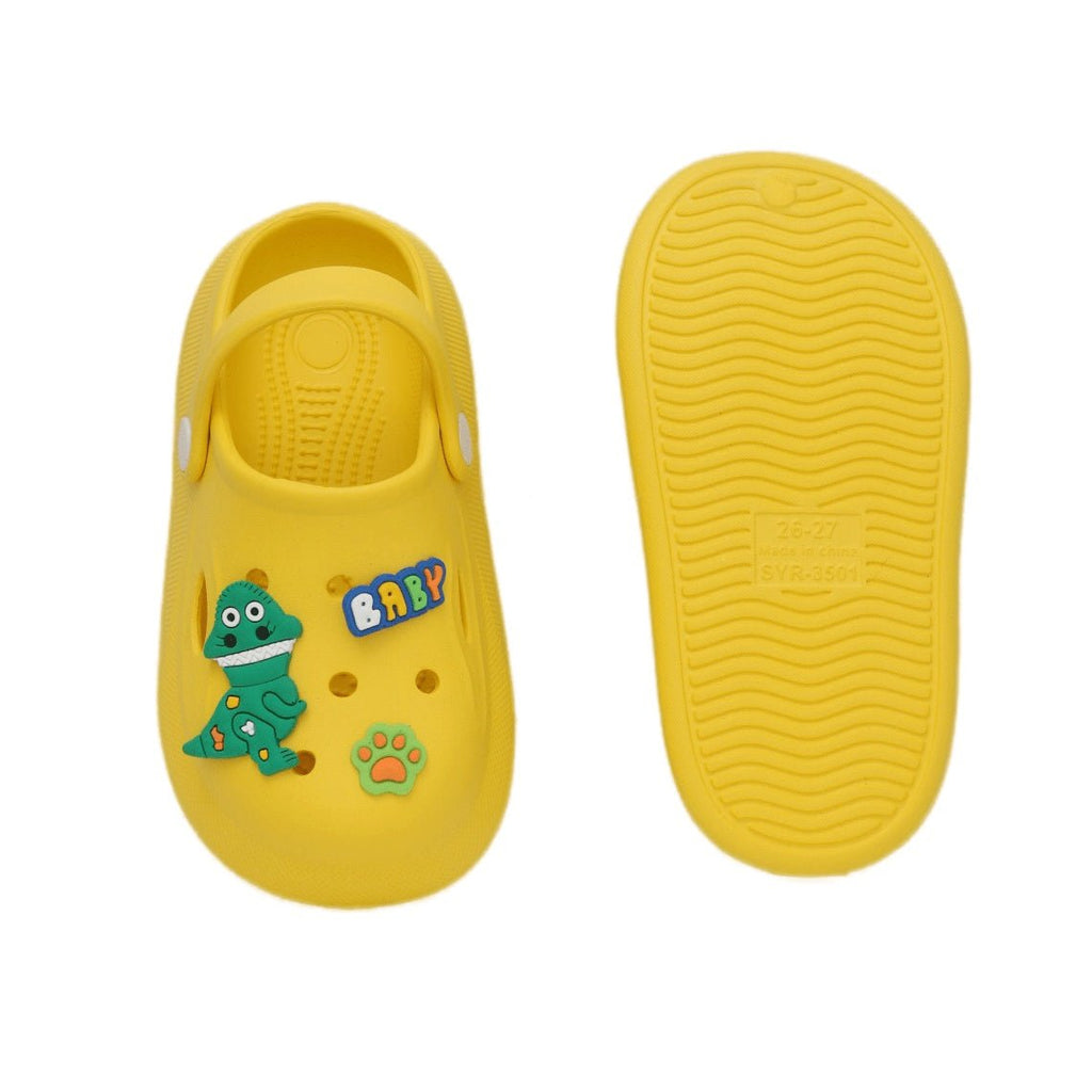 Bright yellow children's clogs with green dinosaur character, perfect for playful and active kids.-top