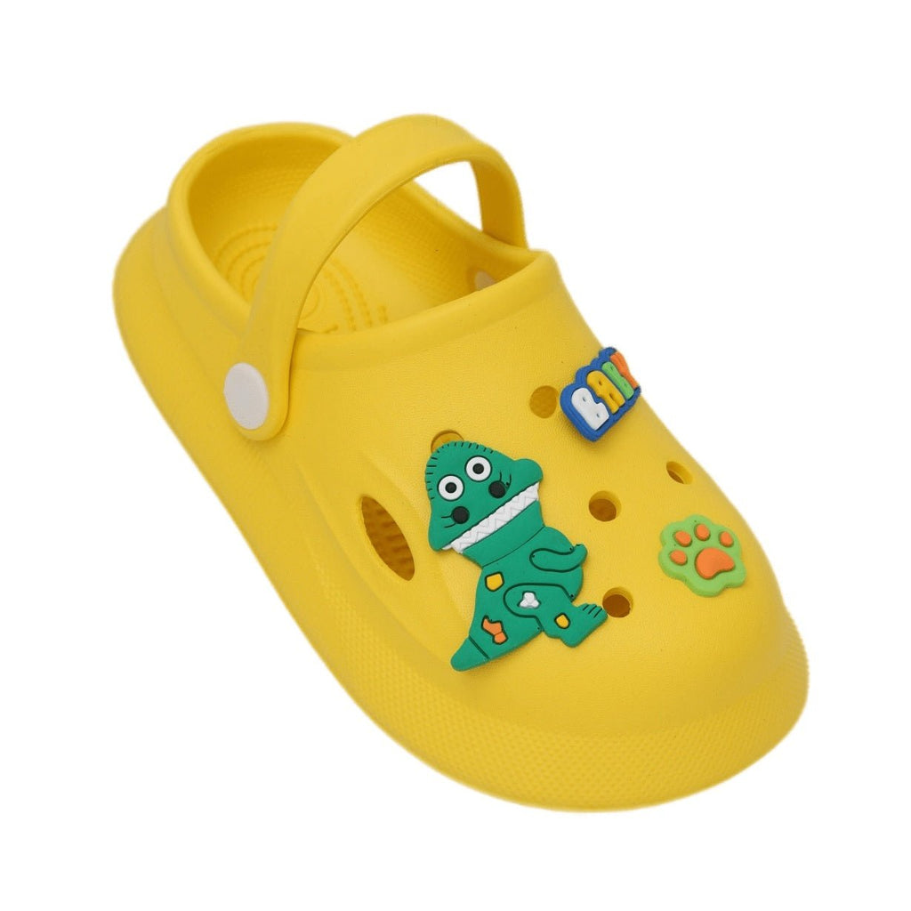 Front view of Yellow Bee's bright yellow dino clogs with charming decorations.