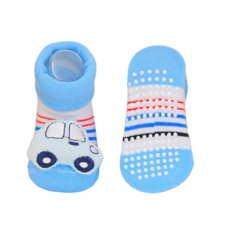 Baby boy's blue socks with a car design and anti-slip soles by Yellow Bee, perfect for your little racer.