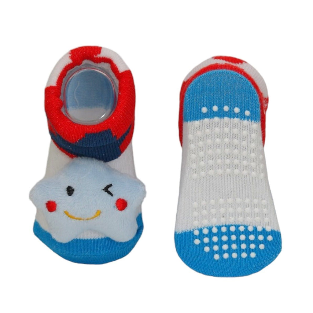 Vibrant blue and red baby socks with a cheerful star design and safety grips by Yellow Bee.