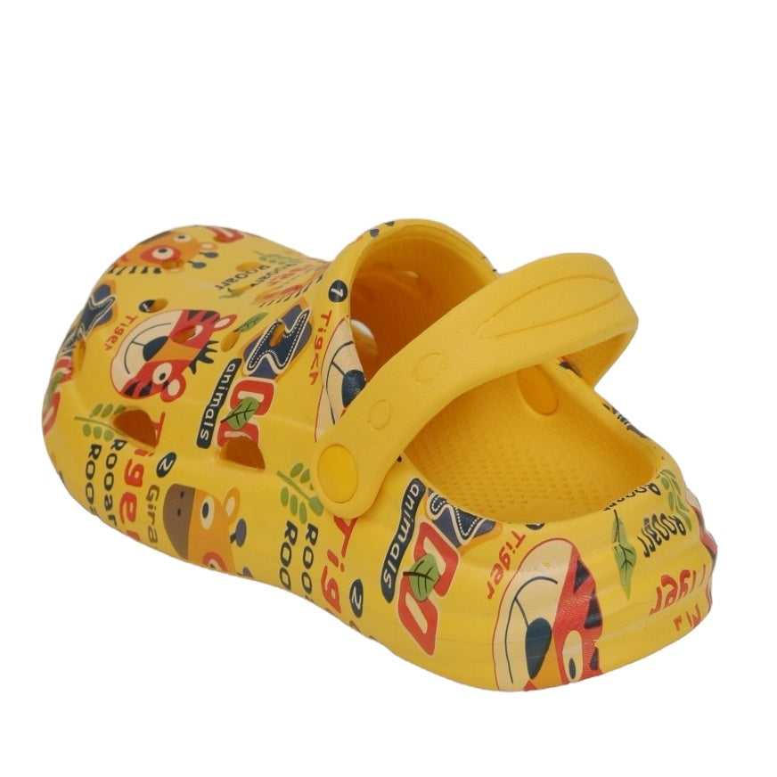ASide view of Yellow Bee's animal print clogs in yellow, perfect for adventurous boys.