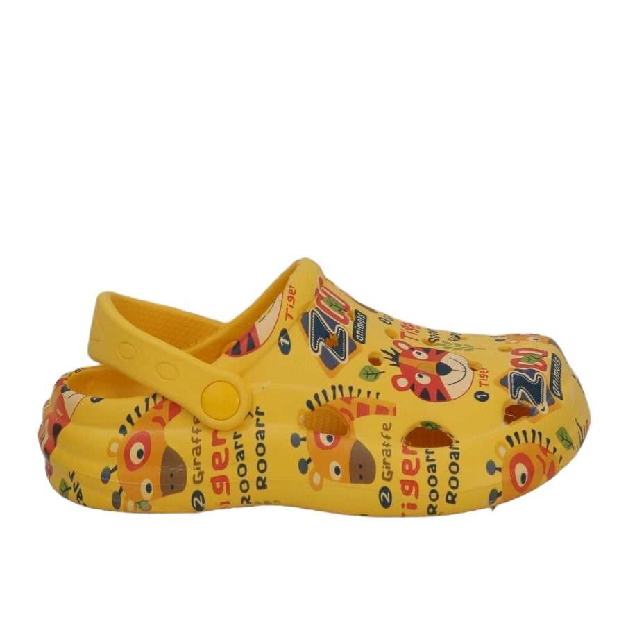 Yellow Bee's animal-themed clogs displayed with playful toys, ideal for active play.