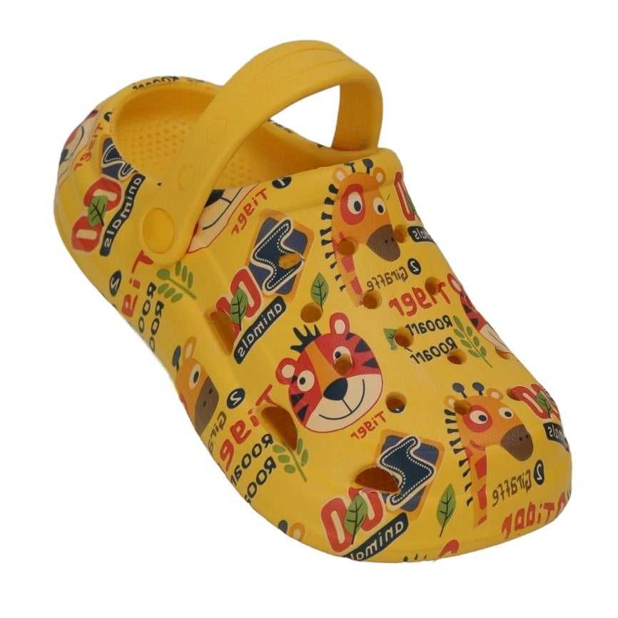 Top angle of Yellow Bee's yellow animal print clogs, showcasing playful zoo creatures.
