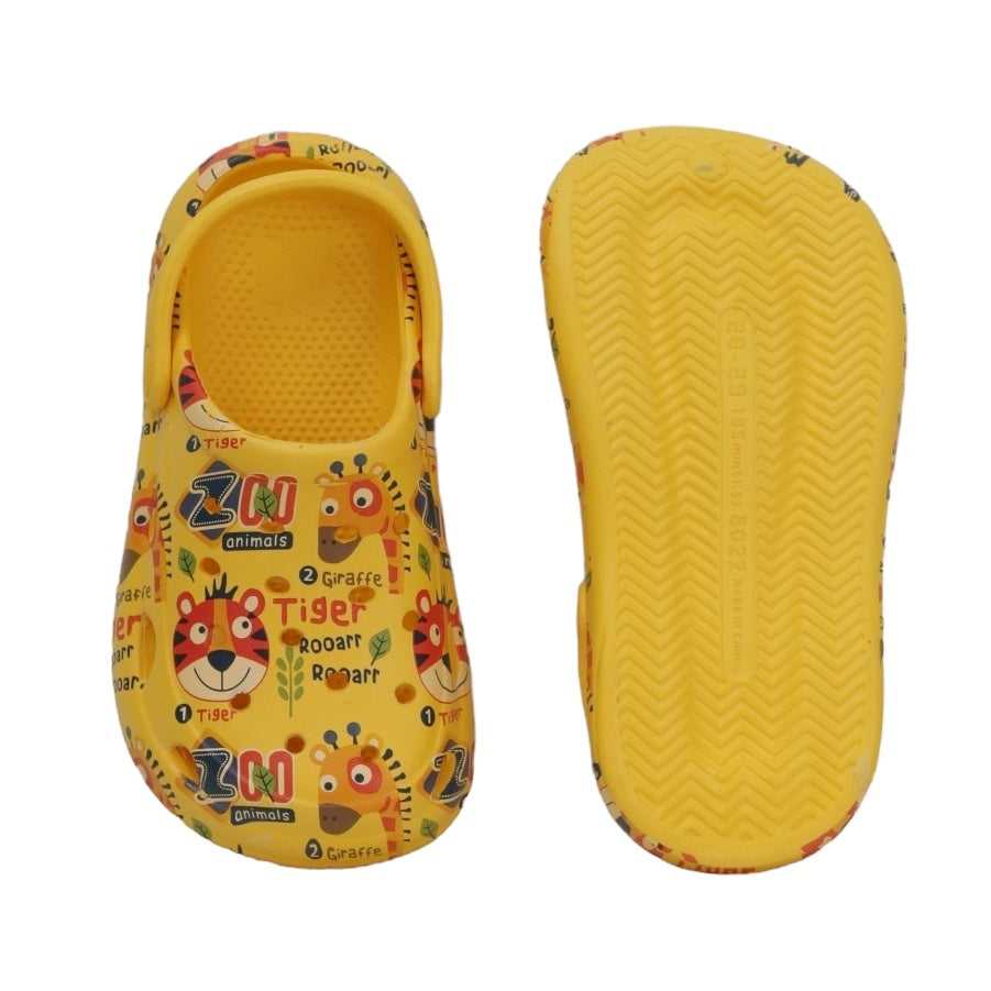 Bottom view of Yellow Bee's animal print clogs highlighting the non-slip texture.