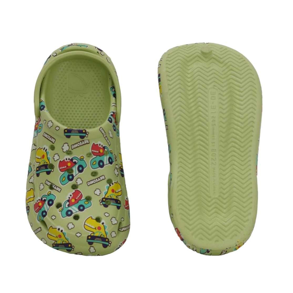 Underside view of Yellow Bee's "Dino Racers" Clogs, highlighting the anti-slip sole.
