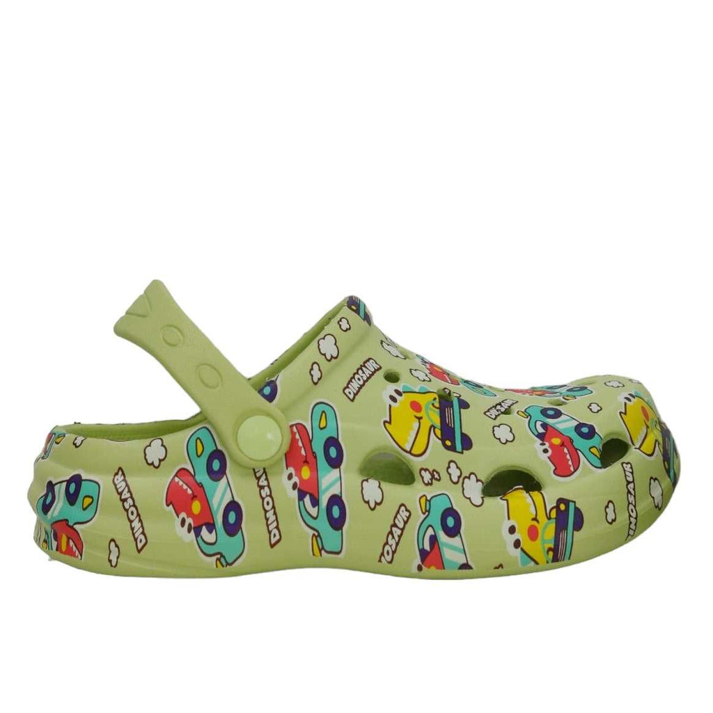 Side view of "Dino Racers" Green Clogs by Yellow Bee with a vivid car and dinosaur print.