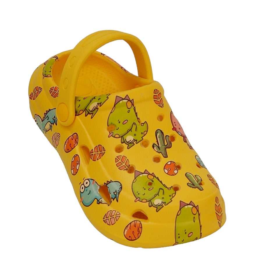 Top view of "Jurassic Joy" Yellow Dino Print Clogs highlighting breathability and fit.