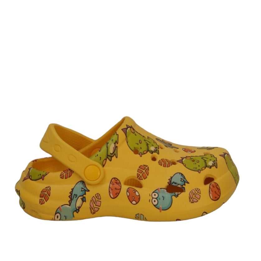 Side view showcasing the thick, anti-skid outsole of Yellow Bee's Dino Print Clogs.