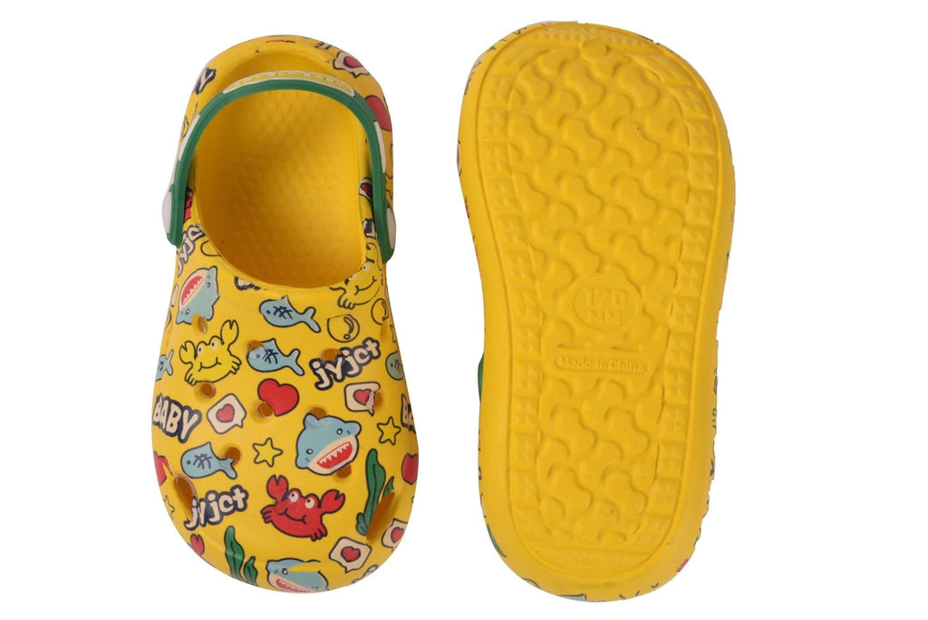 Kids' Bright Yellow Clogs with Colorful Playful Characters and Easy-Clean Material-back