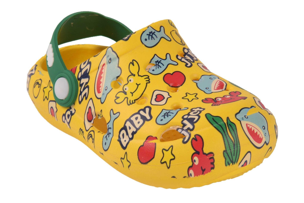 Kids' Bright Yellow Clogs with Colorful Playful Characters and Easy-Clean Material