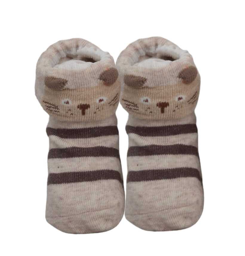 Brown and white striped baby socks with kitty print and anti-slip soles by Yellow Bee.