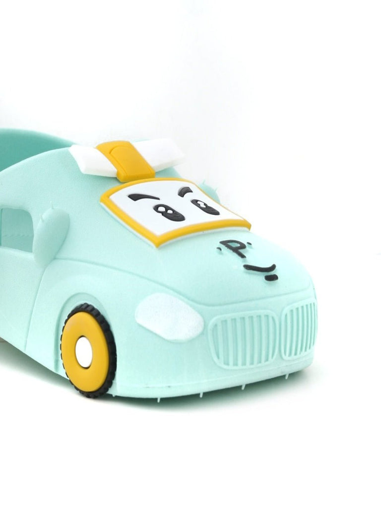 Close-up of the car face design on aqua clogs for boys.