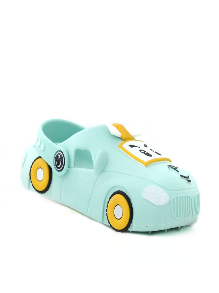 Another side view showcasing the design details of boys' aqua car pattern clogs