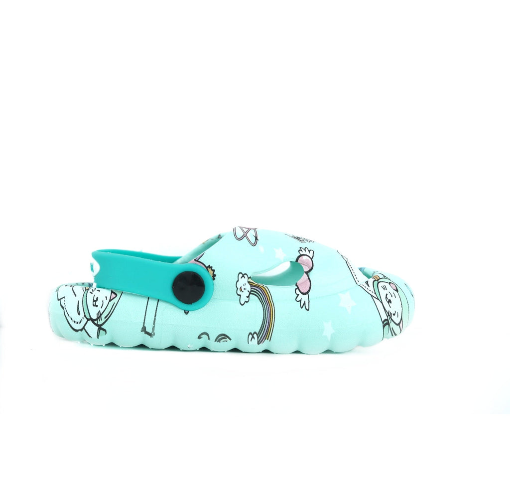 Aqua Space Theme Sandals angled on pebble surface showing side print and sole.