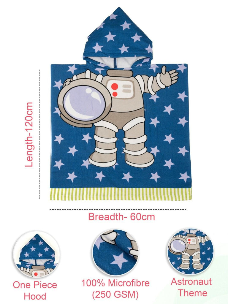 Rear view of a child's hooded poncho towel featuring a playful space man graphic.