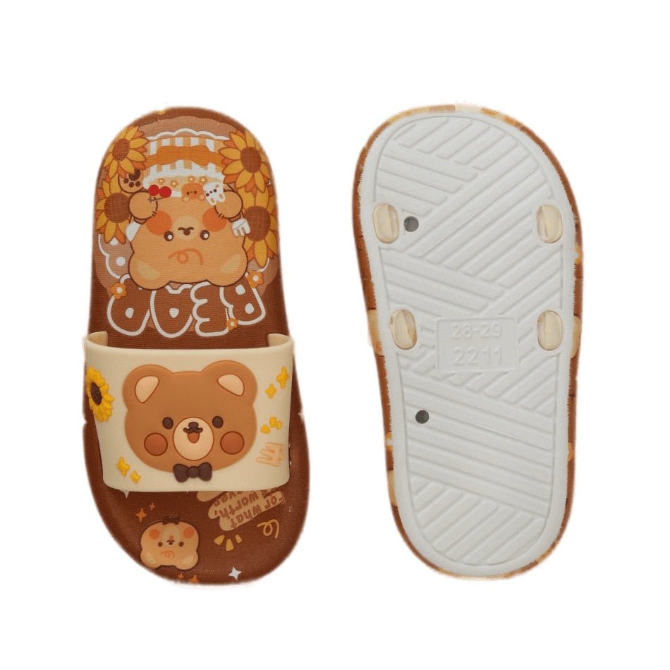 Top and sole view of the teddy bear slides in rich brown, showing off the anti-slip design and decorative applique.