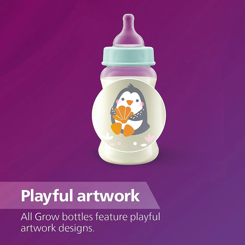 Illustration of Philips Avent SCF061/01 Grow bottle's playful artwork with a cheerful penguin character