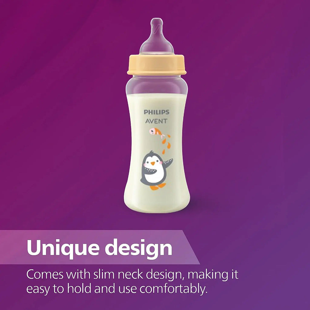 Visual feature cue of Philips Avent SCF061/01 bottle emphasizing its unique design for easy handling and use.