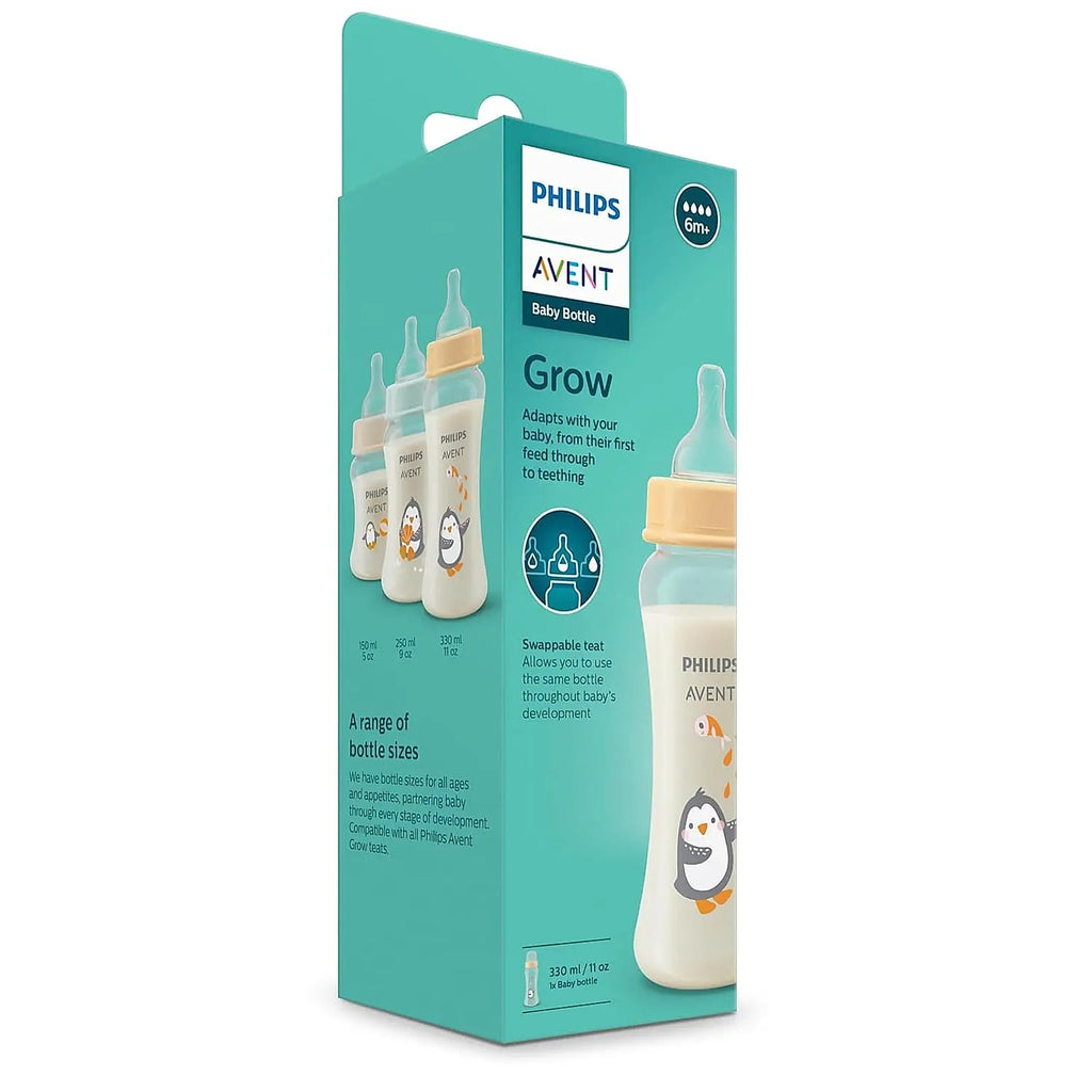 Packaging of Philips Avent SCF064/01 Grow Baby Bottle with 6m+ Indicator and Penguin Graphic