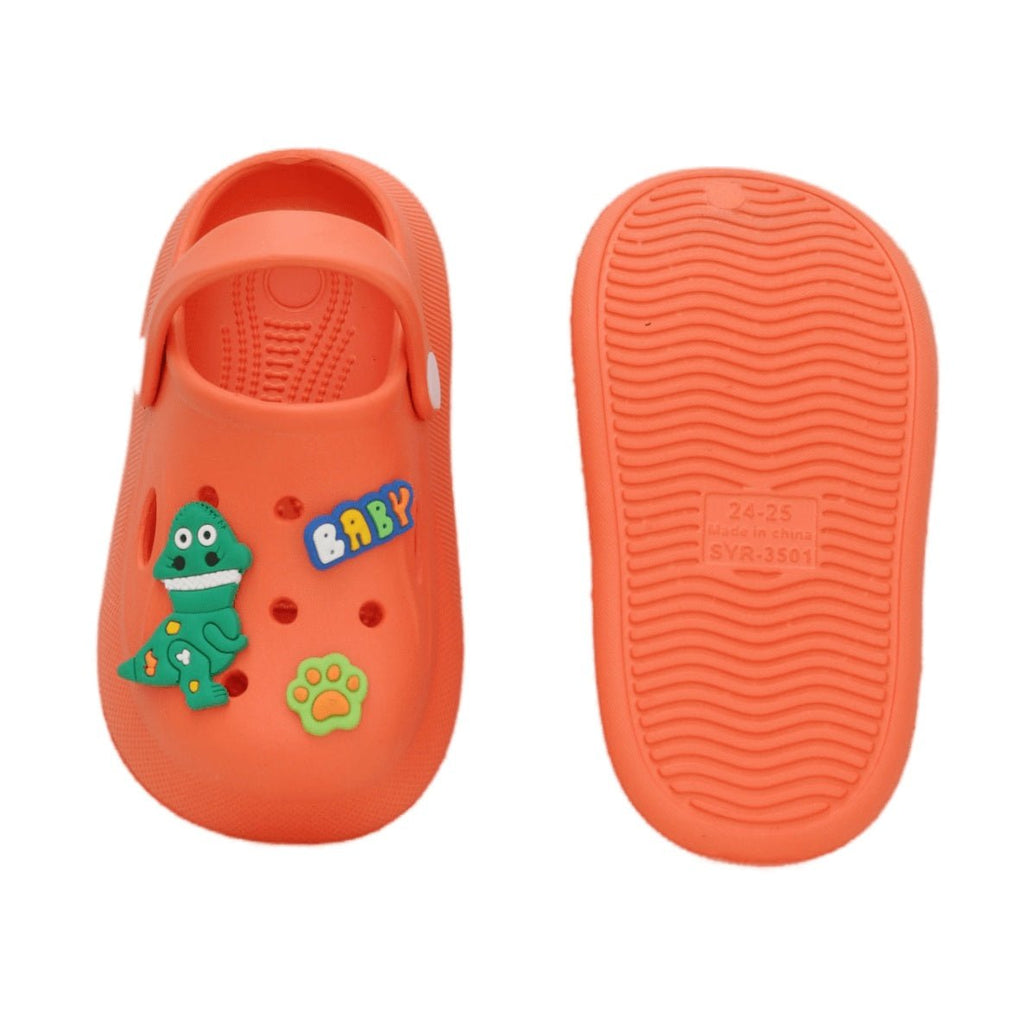 Orange clogs with a cute baby dinosaur motif and 'BABY' inscription, top and bottom view