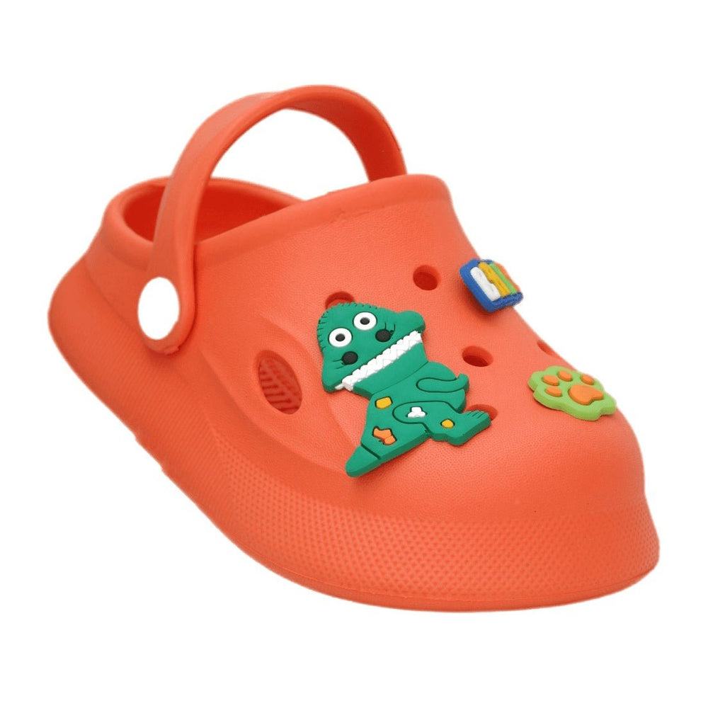 Front view of orange boys' clogs with baby dinosaur design, perfect for active little ones-side