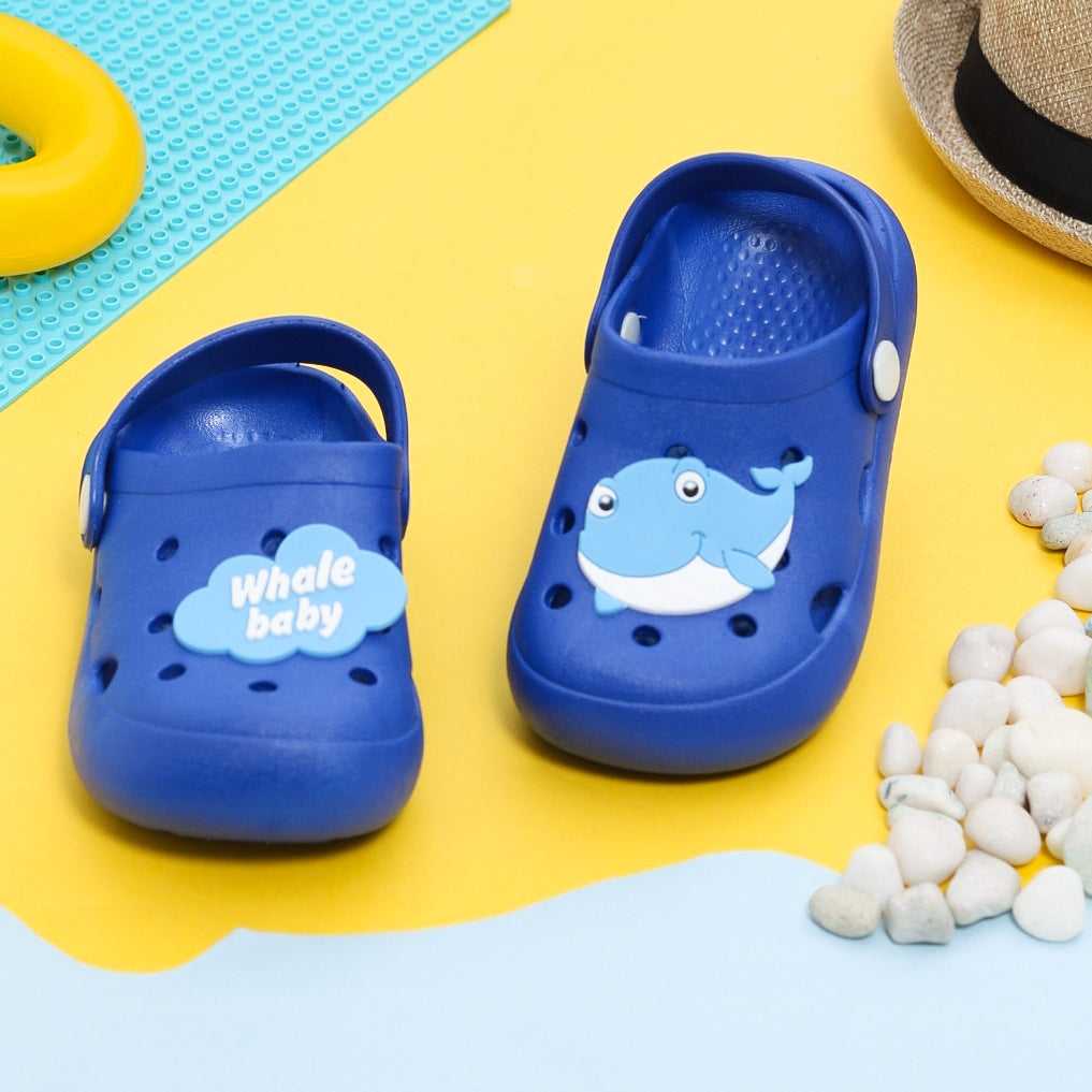 Fun and Comfortable Toddler Blue Clogs with Cute Whale Face Design and Secure Heel Strap