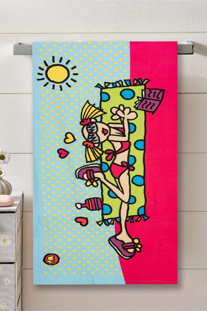 Yellow Bee Beach Girl Print Towel in blue and pink, hanging display.