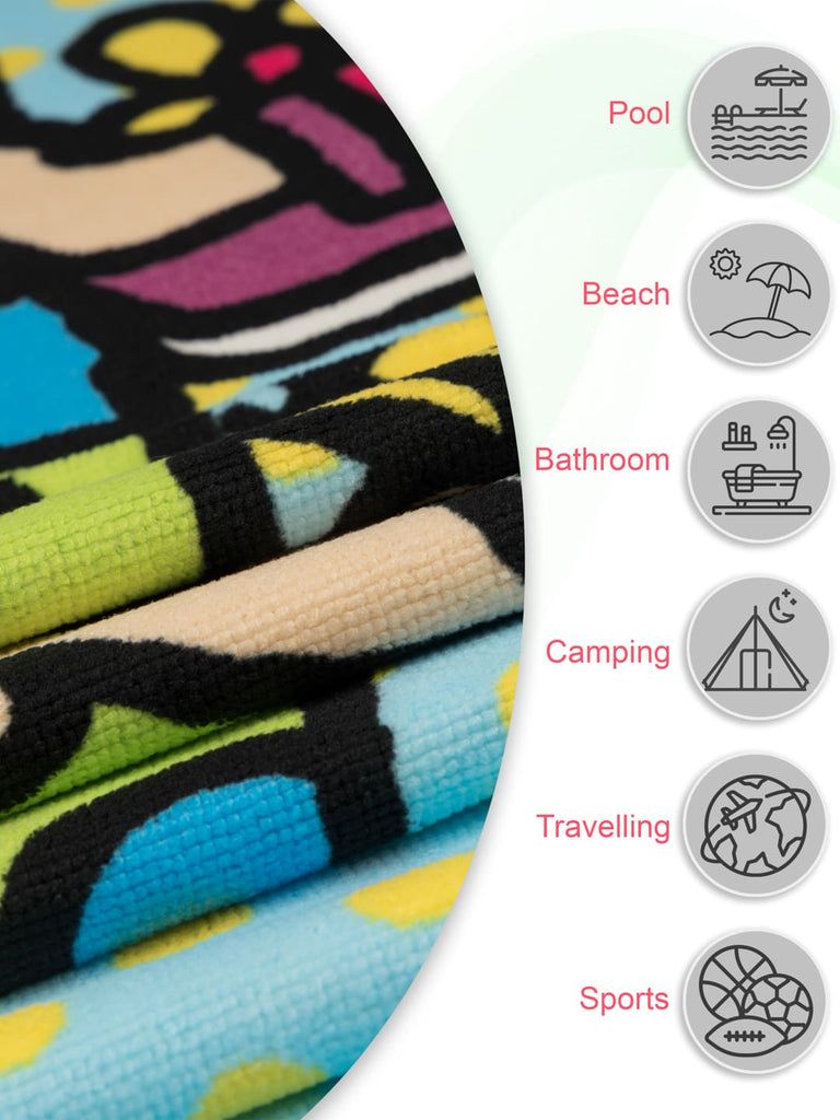  Close-up of the microfiber fabric of Yellow Bee Beach Girl Print Towel in vibrant colors.