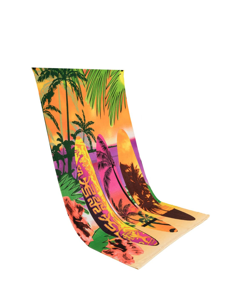 Full-length display of Yellow Bee's beach theme towel with tropical sunset and surfboard design.