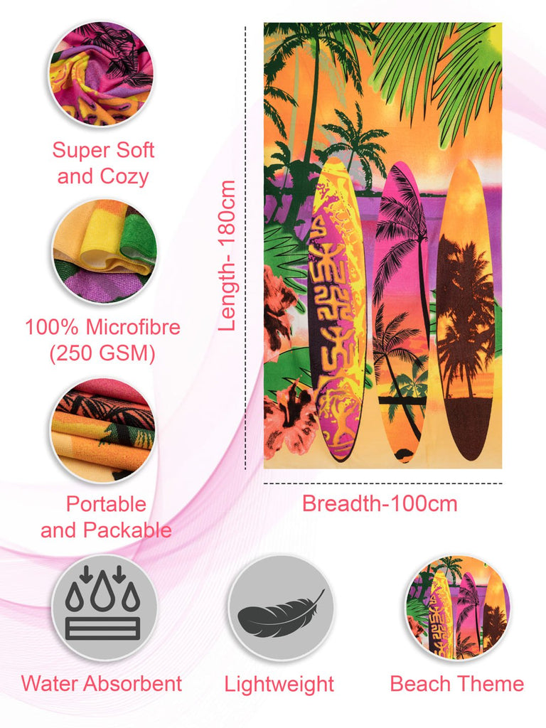 Features highlight of Yellow Bee beach theme towel with tropical design and microfiber texture.